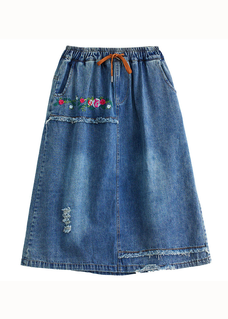 Blue Pocket Patchwork Elastic Waist Cotton Embroidered Skirt Summer