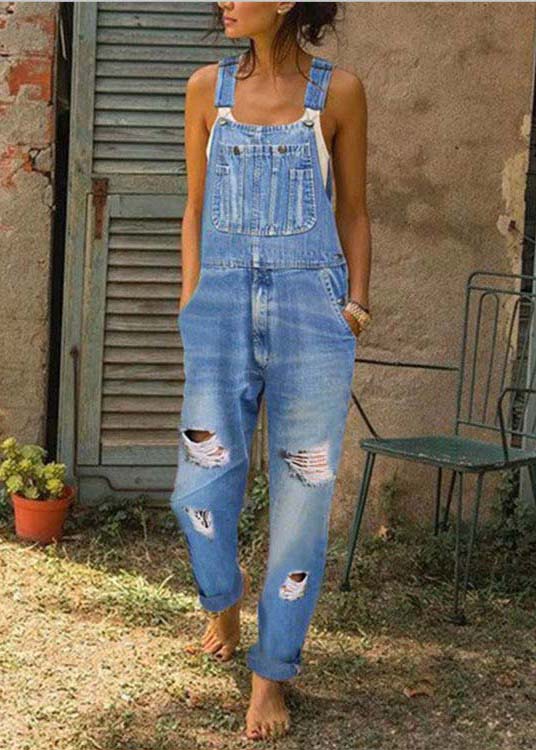 Summer oversized pocket blue ripped denim jumpsuit