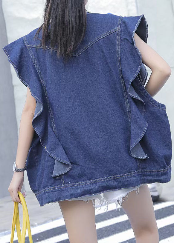 Blue Patchwork Ruffle Nail Bead Sequin Denim Vest Sleeveless