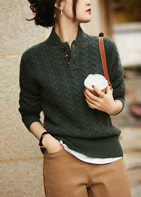 Style Camel Colour Stand Collar Button Thick Knit Sweaters Long Sleeve