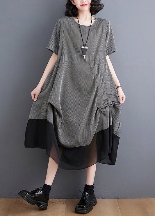 Summer style gray patchwork asymmetric Wrinkled chiffon dress