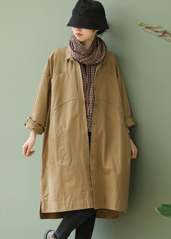 PeterPan Collar Pockets Button Low High Design Autumn Khaki Long Sleeve Trench Coat