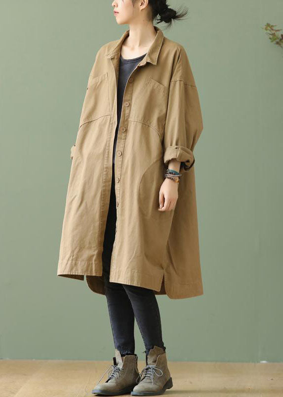 PeterPan Collar Pockets Button Low High Design Autumn Khaki Long Sleeve Trench Coat