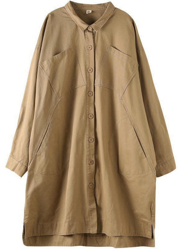 PeterPan Collar Pockets Button Low High Design Autumn Khaki Long Sleeve Trench Coat