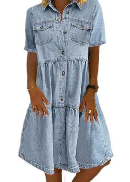 Summer light blue Peter Pan collar wrinkled stitching denim midi dress