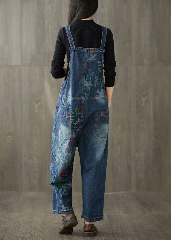 Style Patchwork Print Navy Denim Wide Leg Jumpsuit Spring