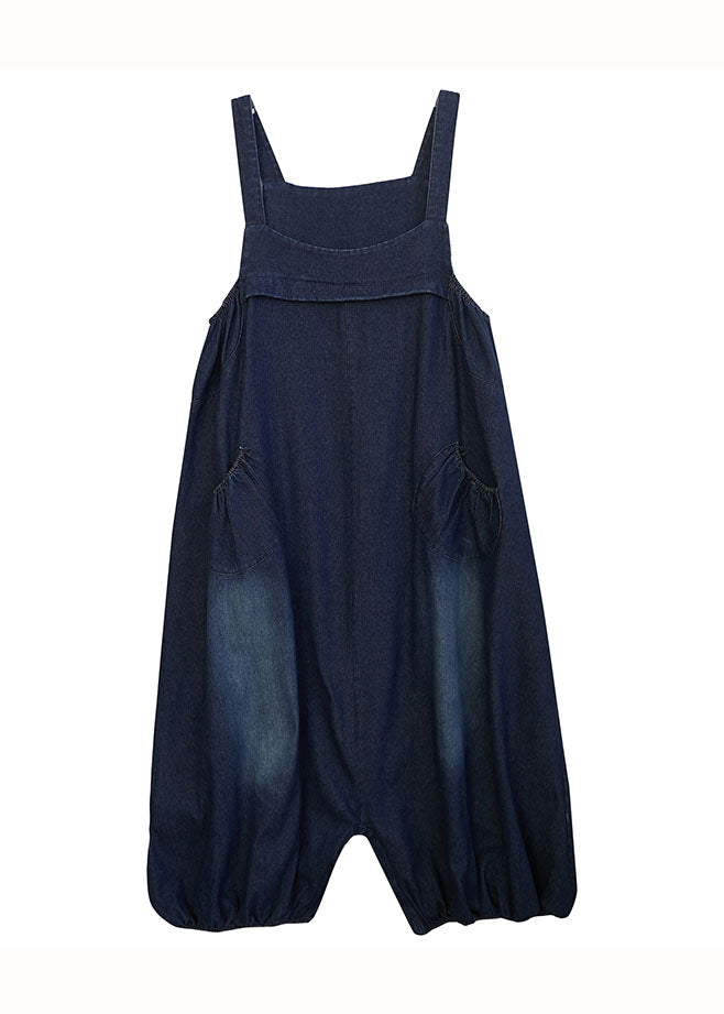 Navy Patchwork Pocket Lantern Denim Summer Jumpsuit