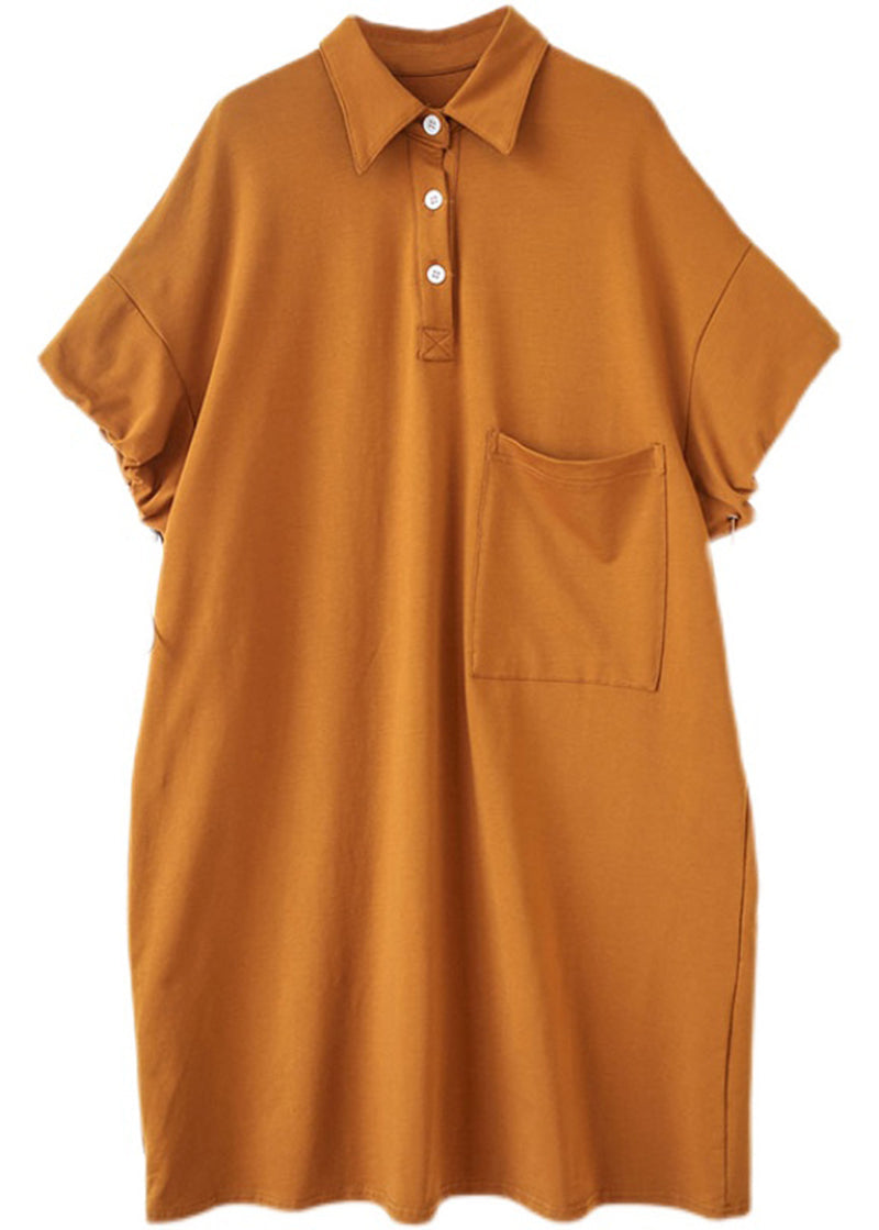 Trendy Style Orange Pocket Peter Pan Collar Cotton Maxi Dress Summer