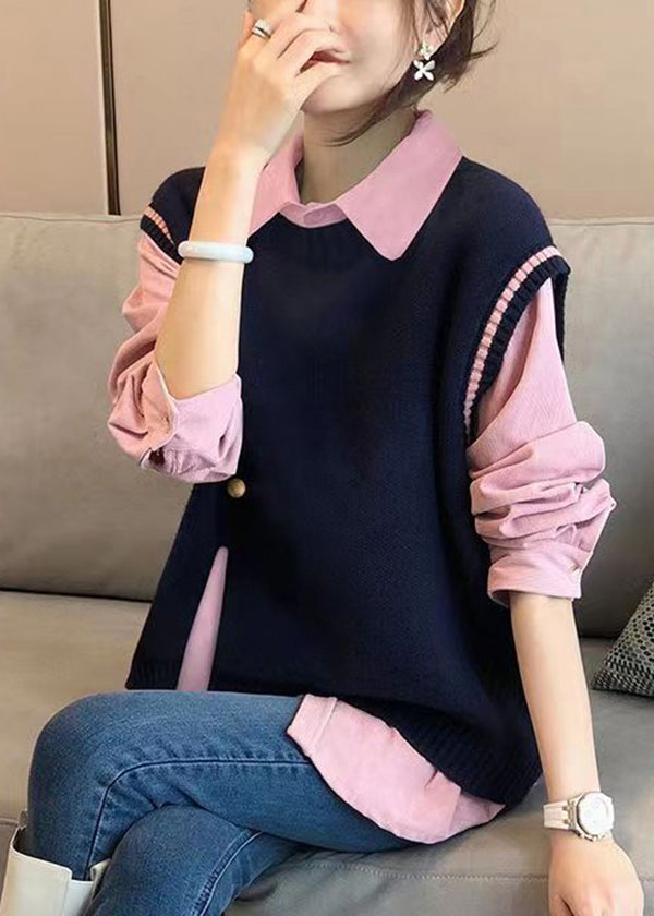 Style Pink Shirts And Navy Knit Vest Side Open Two Pieces Set Fall