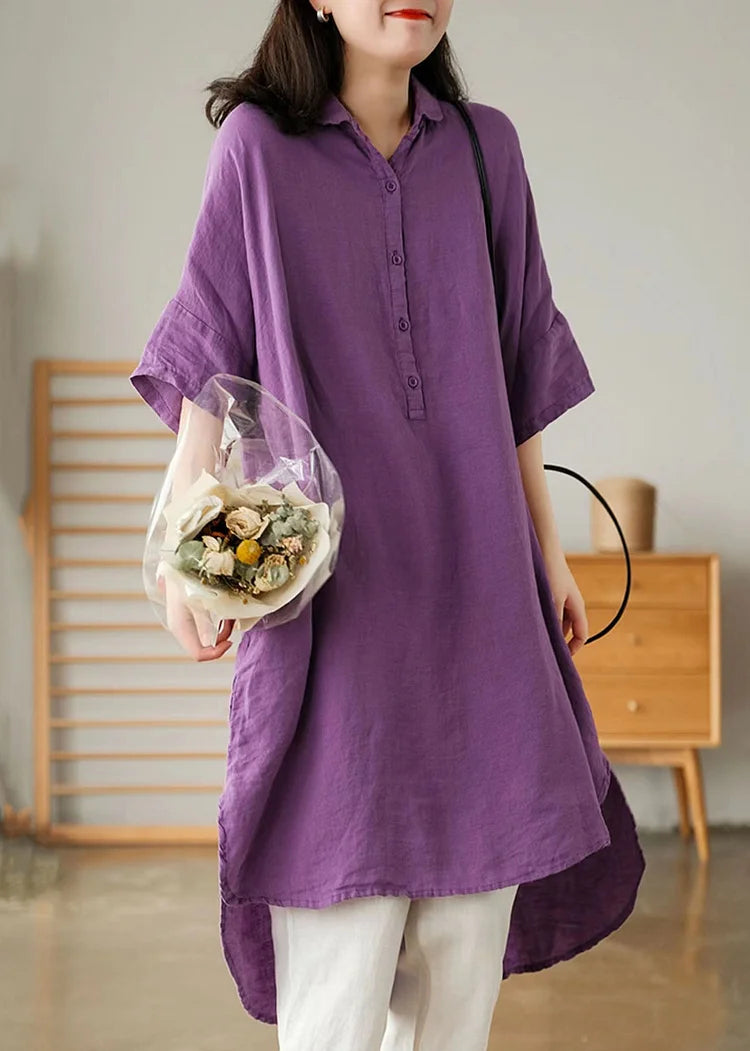 Style Purple Peter Pan Collar Button Linen Shirts Summer