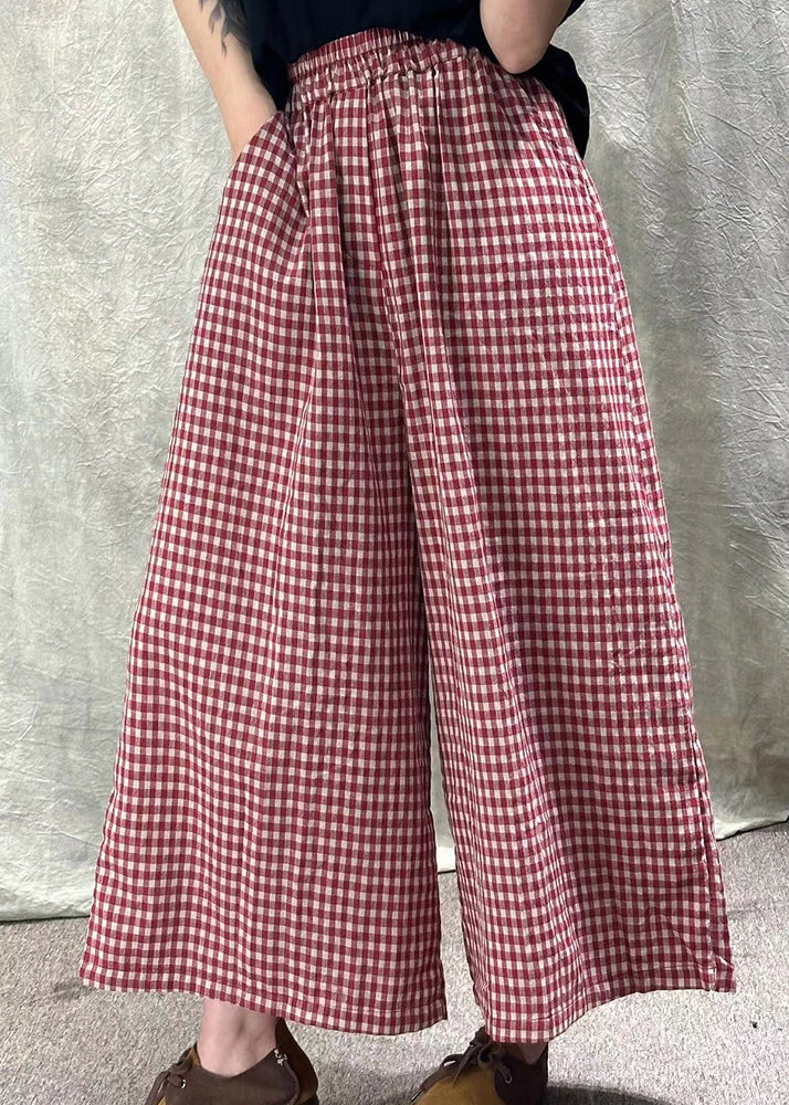 Style Red Plaid Pockets Elastic Waist Cotton Wide Leg Pants Summer