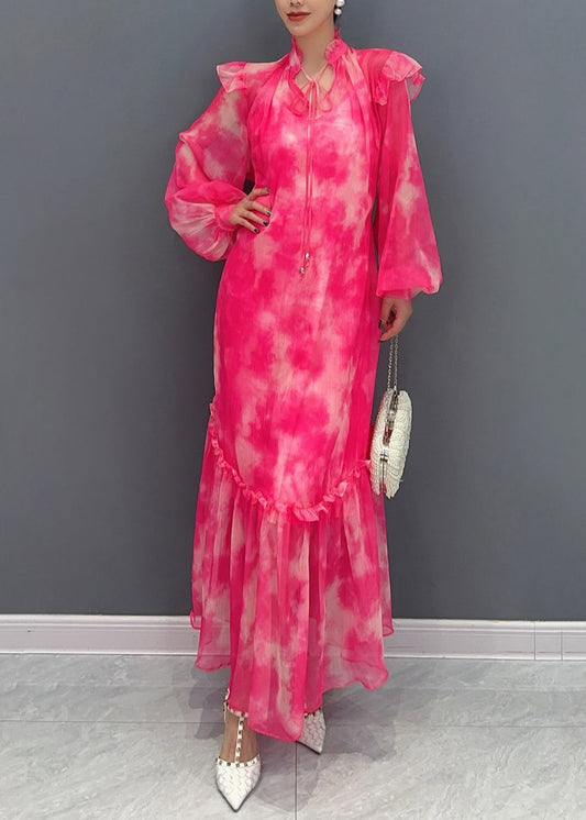 Style Red Stand Collar Ruffled Print Chiffon Maxi Dress Long Sleeve