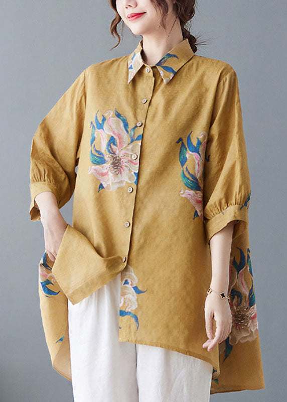 Style Oversized Printed Yellow Cotton Shirt Top Half Sleeves