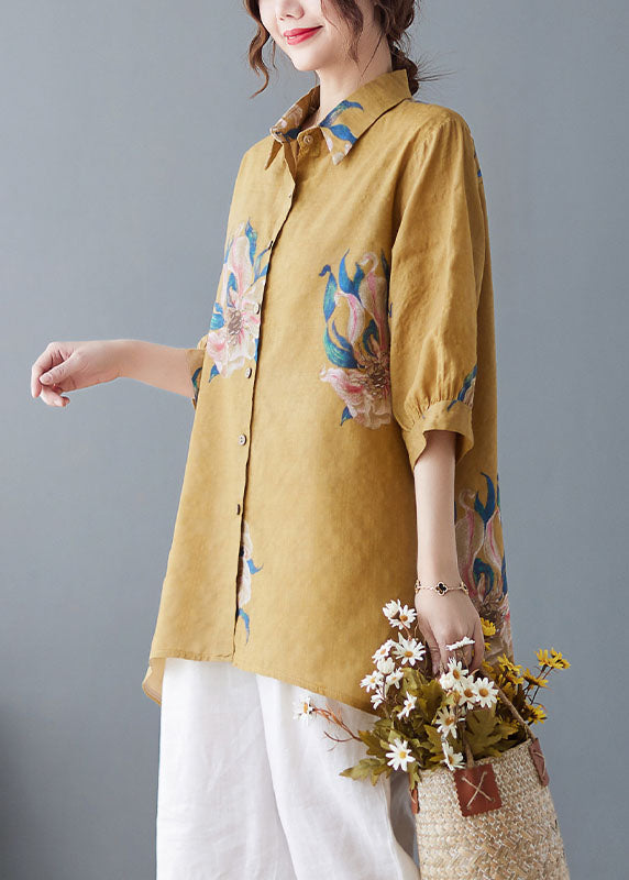 Style Oversized Printed Yellow Cotton Shirt Top Half Sleeves