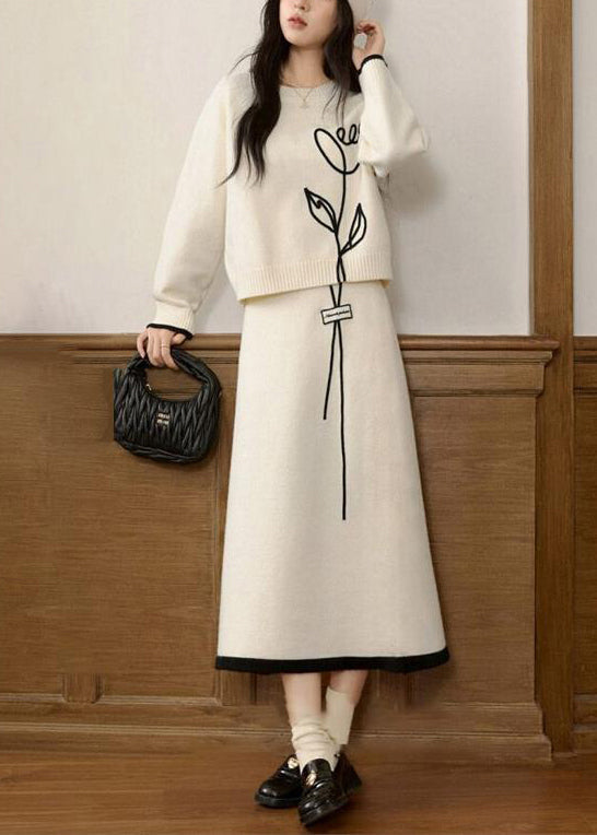 Stylish Beige O Neck Sweaters And Skirts Knit Two Pieces Set Winter