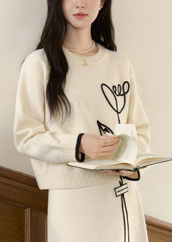 Stylish Beige O Neck Sweaters And Skirts Knit Two Pieces Set Winter