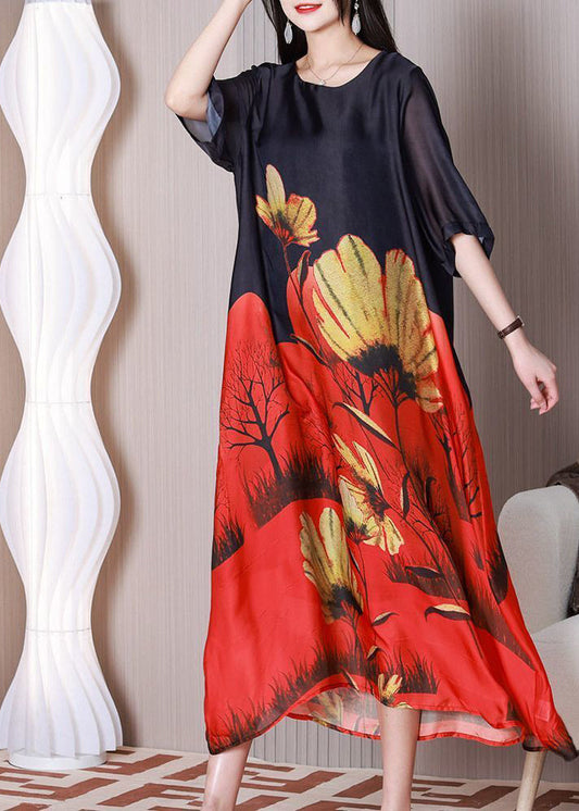 O-Neck Stylish Black Printed Silk Half-Sleeve Holiday Dress