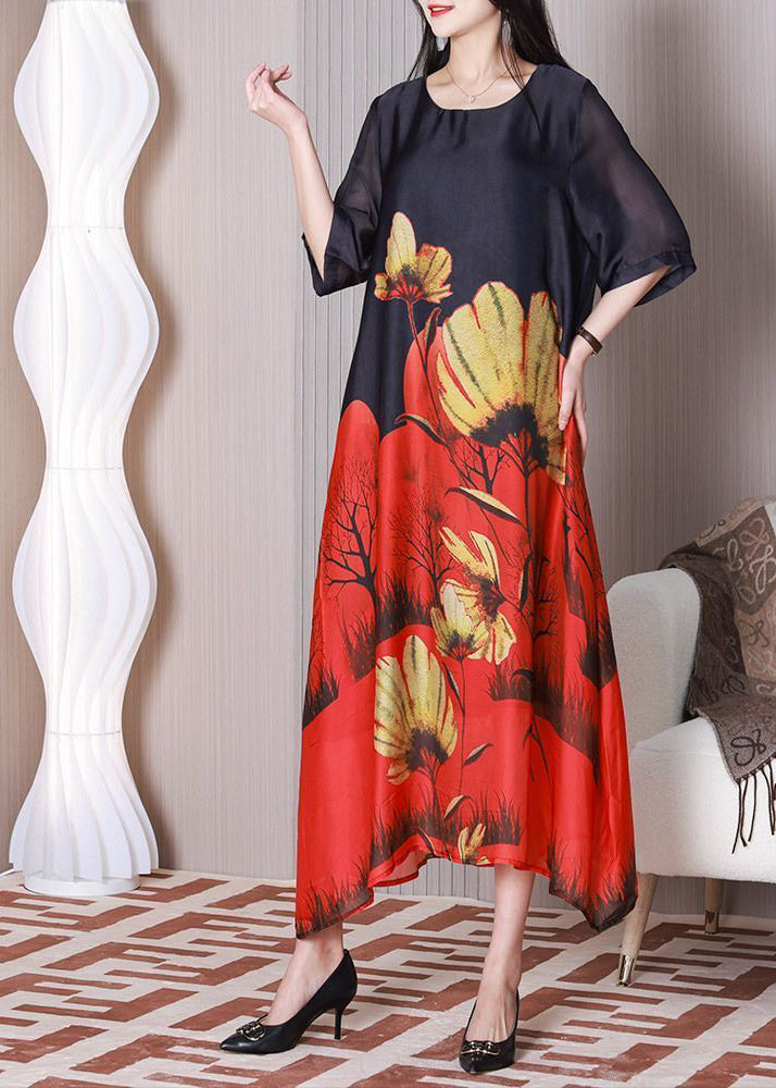 O-Neck Stylish Black Printed Silk Half-Sleeve Holiday Dress