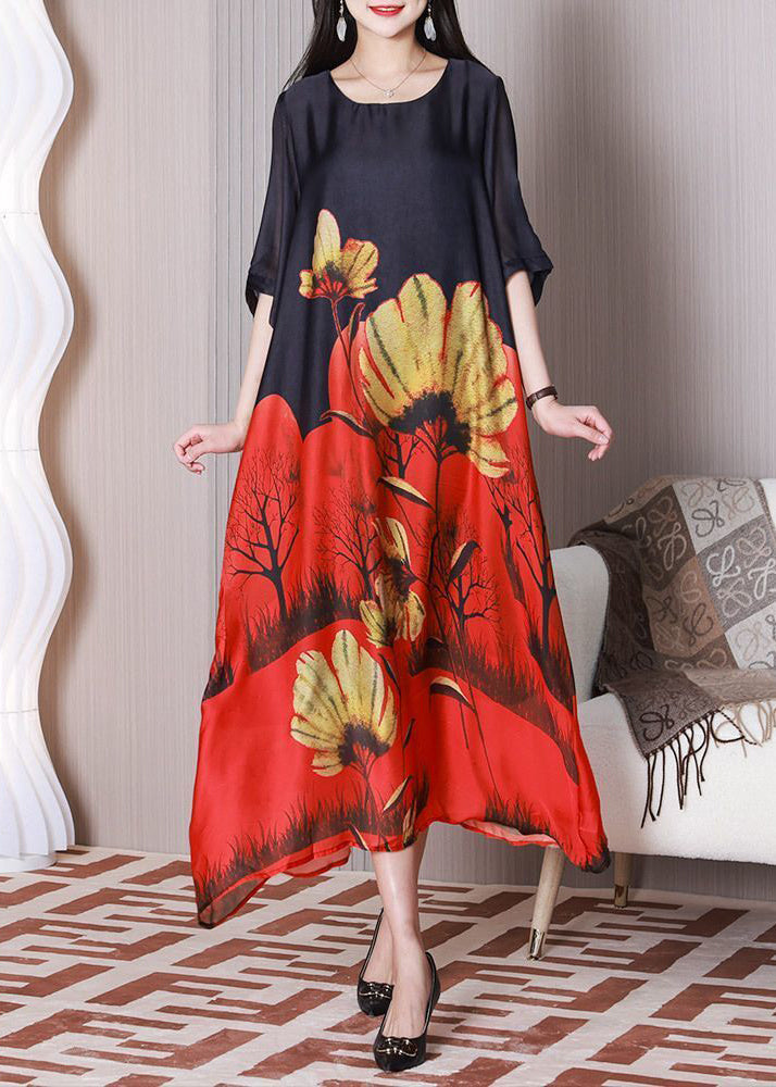 O-Neck Stylish Black Printed Silk Half-Sleeve Holiday Dress