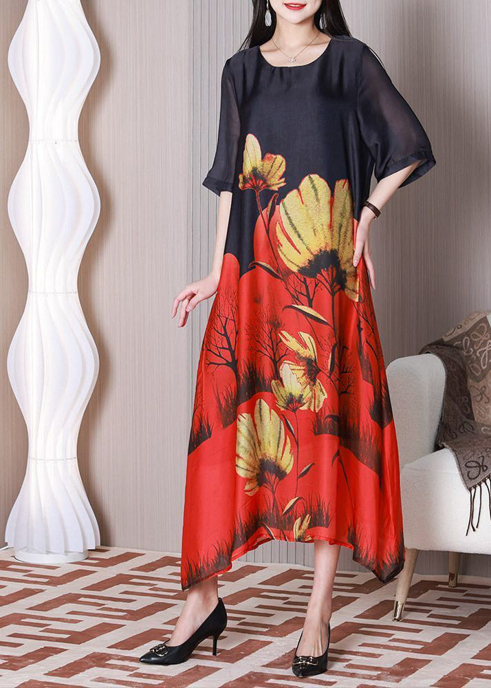 O-Neck Stylish Black Printed Silk Half-Sleeve Holiday Dress