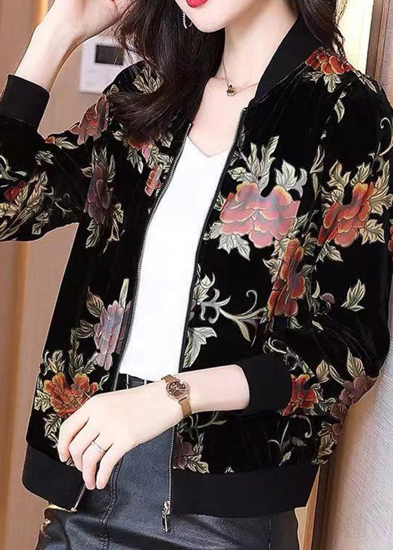 O-neck Fashion Black Printed Zipper Velour Coat Long Sleeves