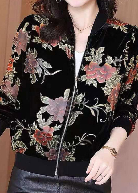 O-neck Fashion Black Printed Zipper Velour Coat Long Sleeves