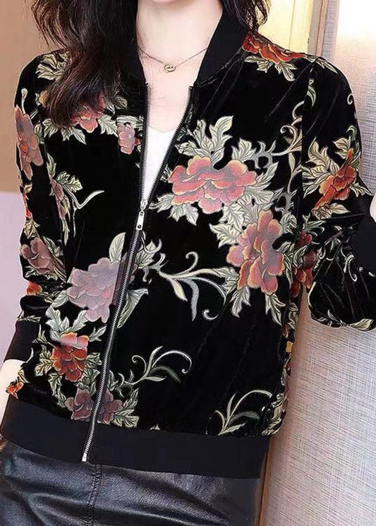 O-neck Fashion Black Printed Zipper Velour Coat Long Sleeves