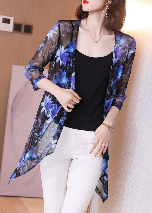 V-neck fashion blue printed silk loose sunscreen cardigan summer