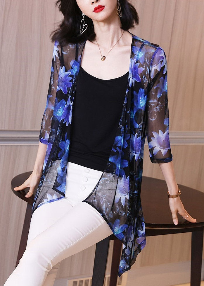 V-neck fashion blue printed silk loose sunscreen cardigan summer