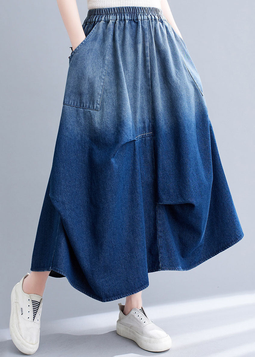 Fashion Blue Asymmetric Pocket Patchwork Wrinkle Denim Skirt Summer