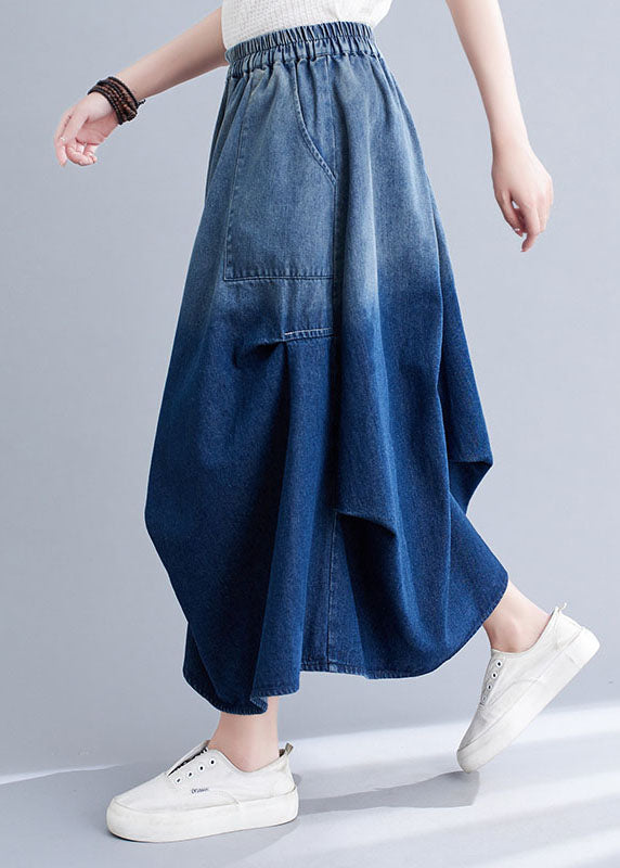 Fashion Blue Asymmetric Pocket Patchwork Wrinkle Denim Skirt Summer