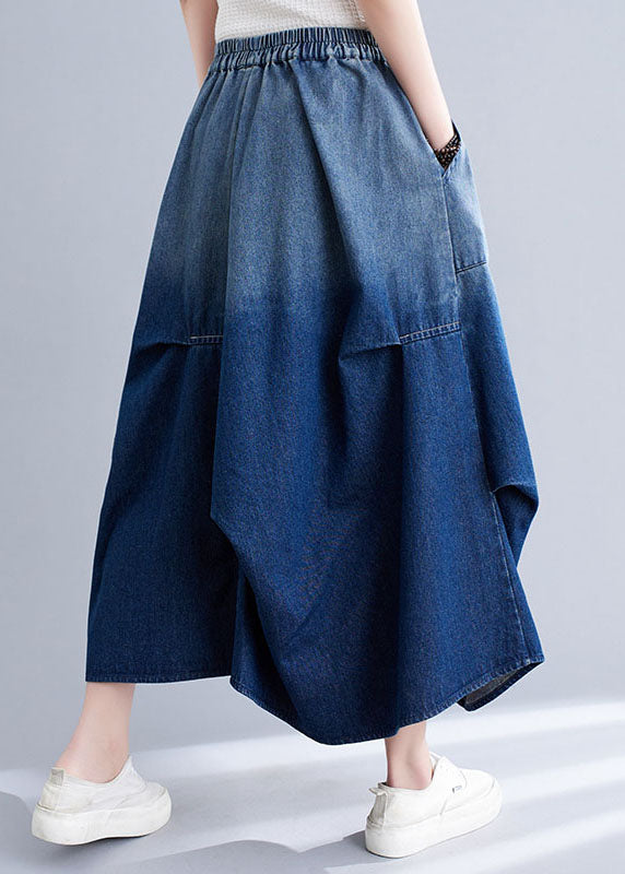 Fashion Blue Asymmetric Pocket Patchwork Wrinkle Denim Skirt Summer