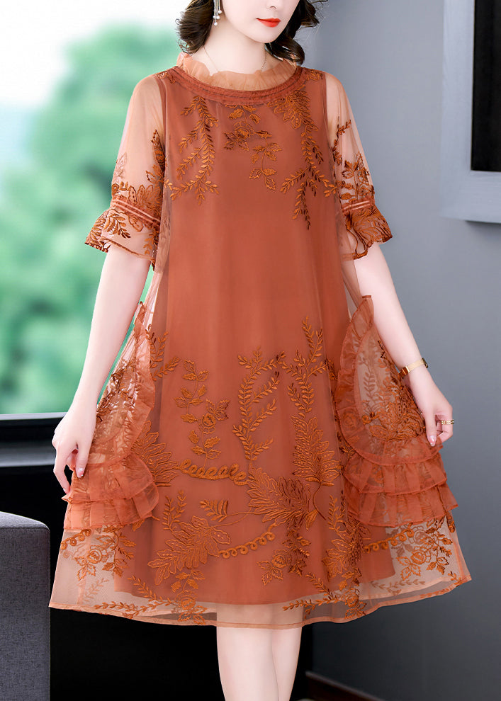 Orange Patchwork Tulle Mid Dress Embroidered Ruffled Summer