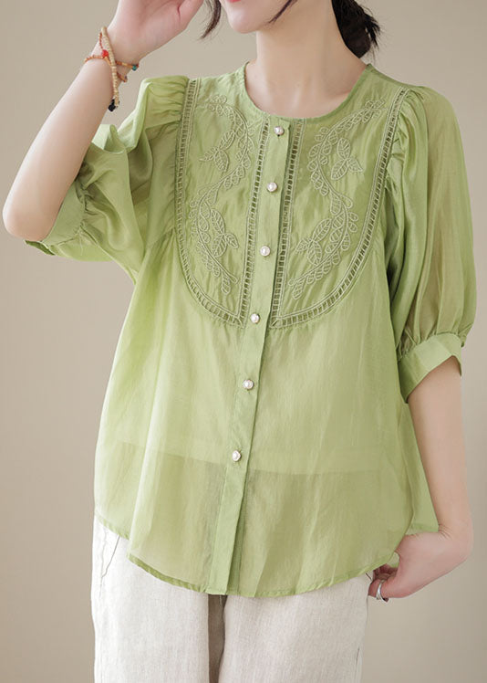 Summer fashion green patchwork embroidered wrinkle cotton shirt