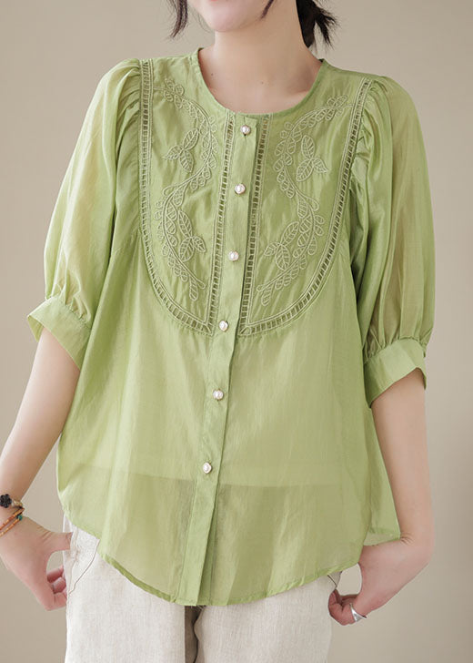 Summer fashion green patchwork embroidered wrinkle cotton shirt