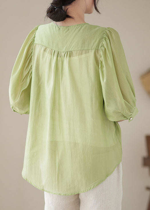 Summer fashion green patchwork embroidered wrinkle cotton shirt