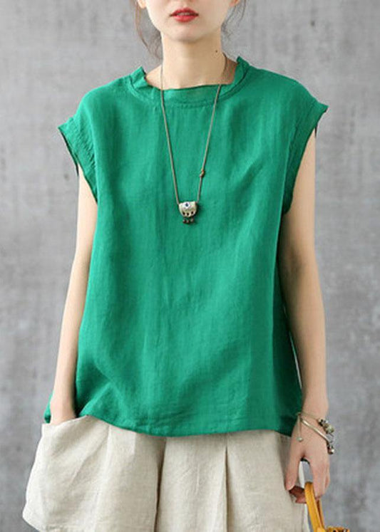 Stylish Green O-Neck Sleeveless Linen Summer Tops