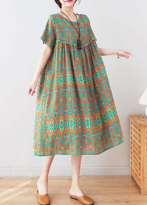 O Neck Stylish Green Print Patchwork Wrinkled Cotton Mid Dresses Summer