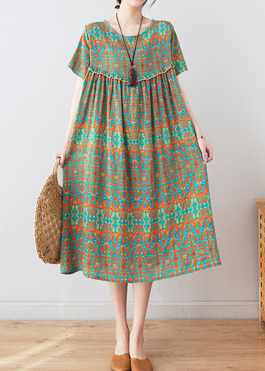 O Neck Stylish Green Print Patchwork Wrinkled Cotton Mid Dresses Summer