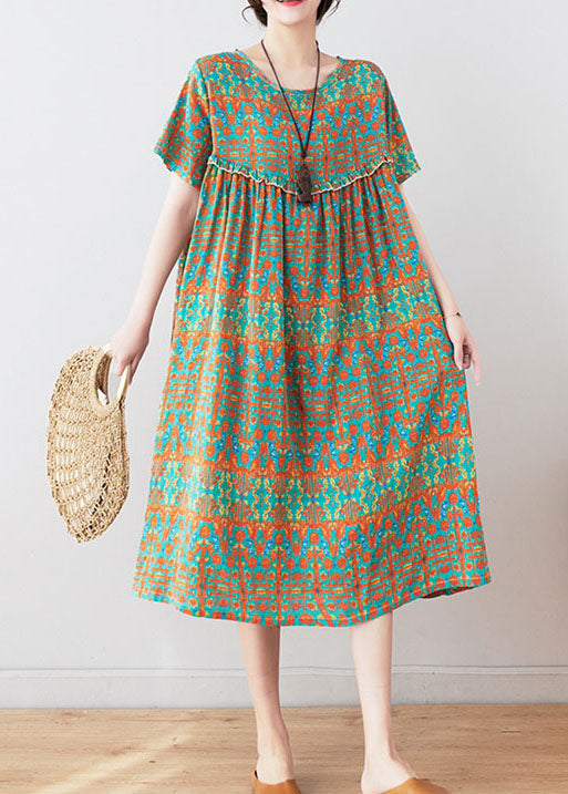 O Neck Stylish Green Print Patchwork Wrinkled Cotton Mid Dresses Summer