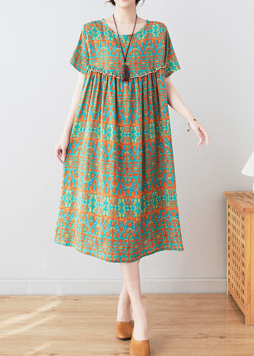 O Neck Stylish Green Print Patchwork Wrinkled Cotton Mid Dresses Summer