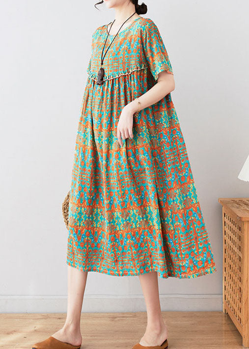 O Neck Stylish Green Print Patchwork Wrinkled Cotton Mid Dresses Summer