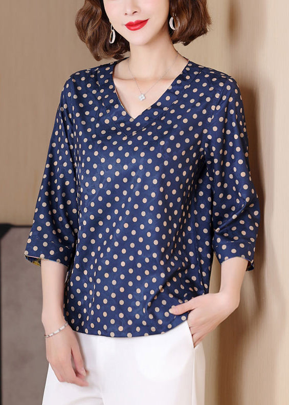 Stylish Navy Dotted Print Wear On Both Sides Silk Top Bracelet Sleeve