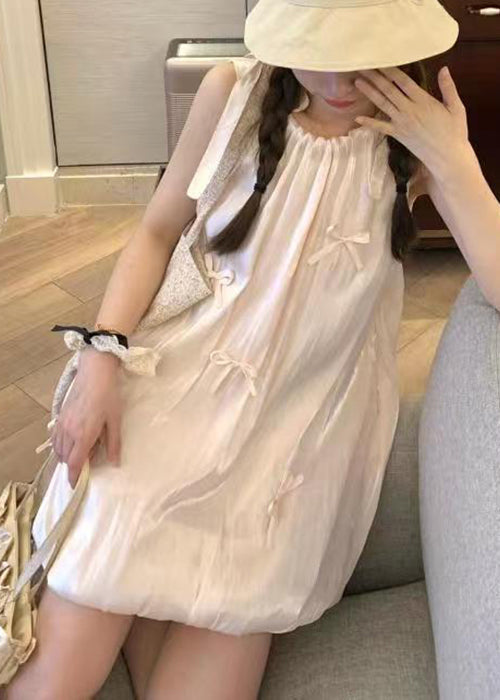 Stylish Pink Lace Up Bow Cotton Mid Dress Sleeveless