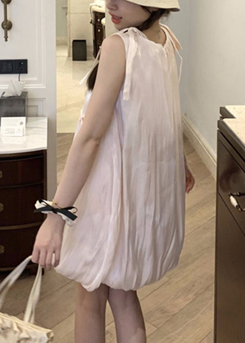 Stylish Pink Lace Up Bow Cotton Mid Dress Sleeveless