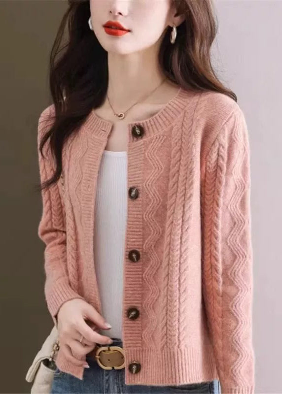 Stylish Pink O Neck Button Woolen Cardigans Fall