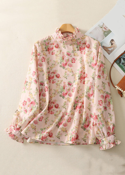 Stylish Pink Ruffled Print Button Cotton Blouse Top Spring