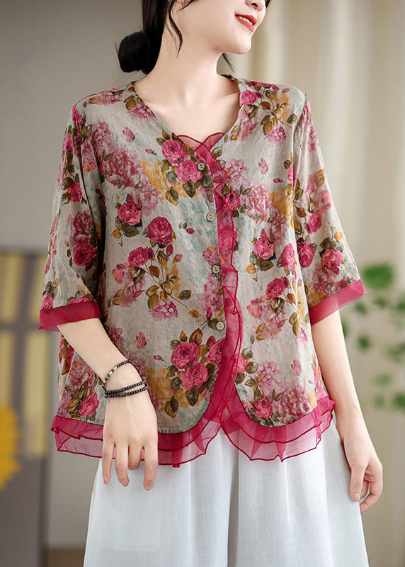 Stylish Red Floral Patchwork Organza Linen Shirts Summer