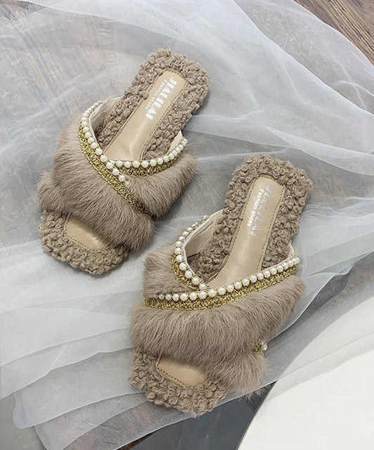 Stylish Splicing Fuzzy Fur Slippers Shoes Brown Nail Bead