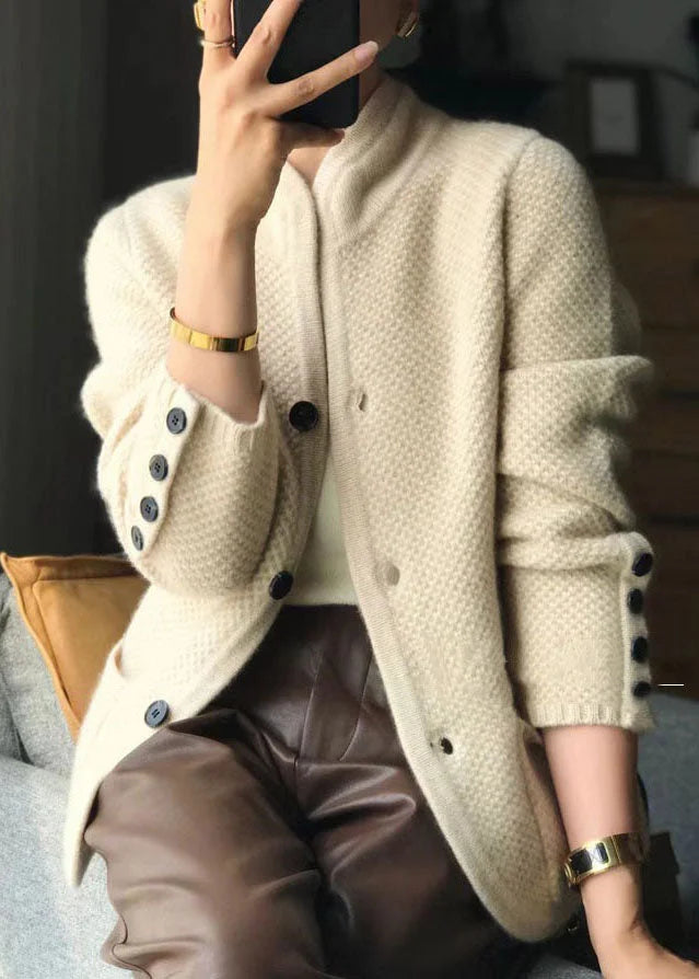 Stylish Beige Stand Collar Slim Fit Button Cashmere Cardigans Spring